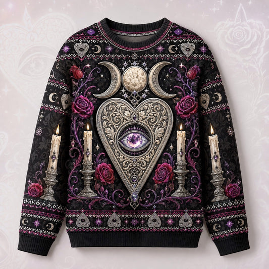 Heart Planchette Sweater Crescent Moon Candle Rose Knit front view