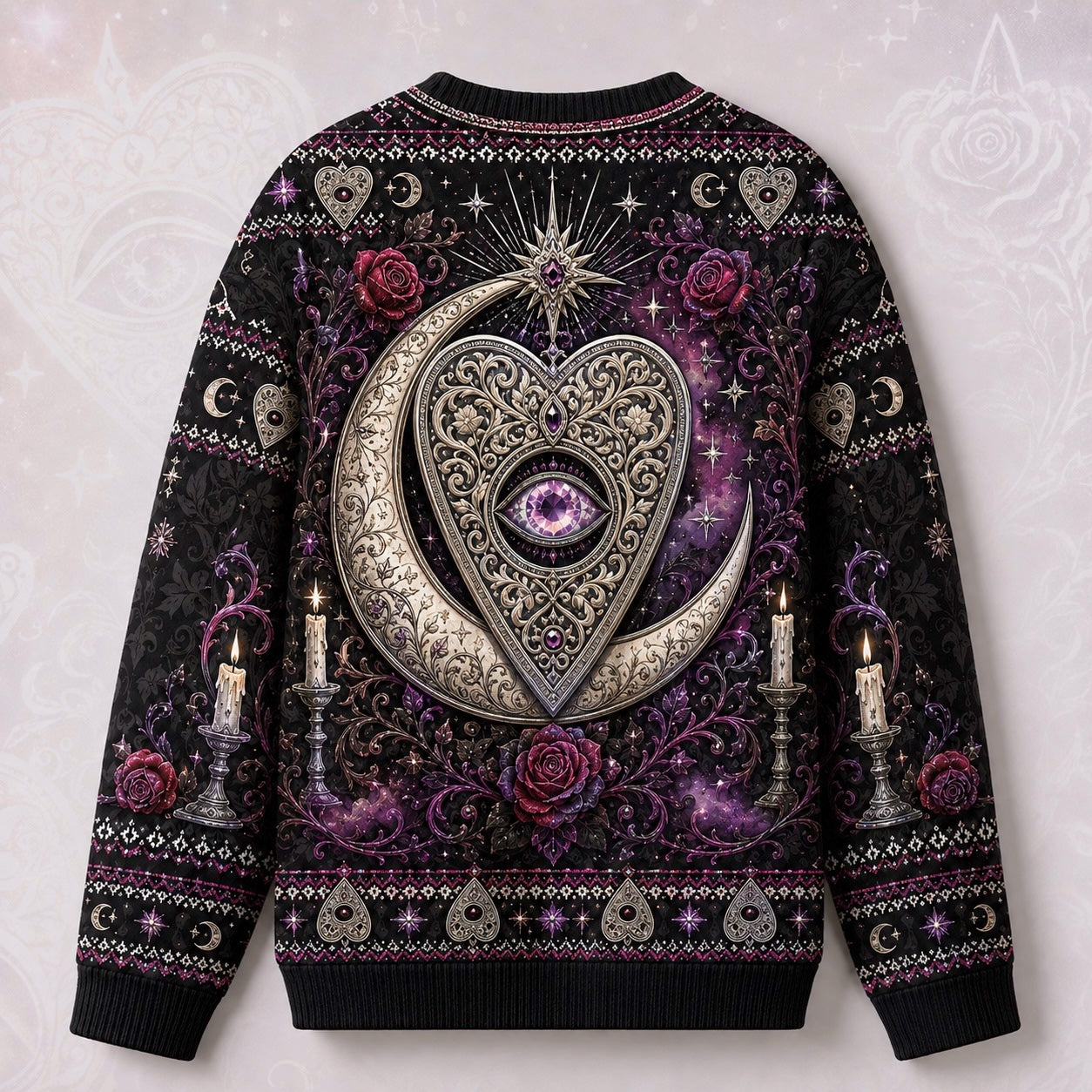 Heart Planchette Sweater Crescent Moon Candle Rose Knit back view