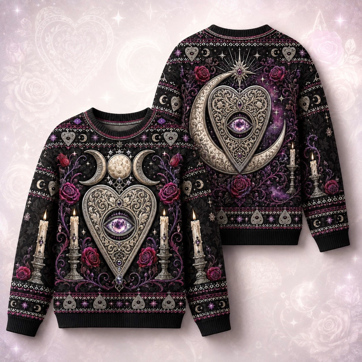 Heart Planchette Sweater Crescent Moon Candle Rose Knit front and back together