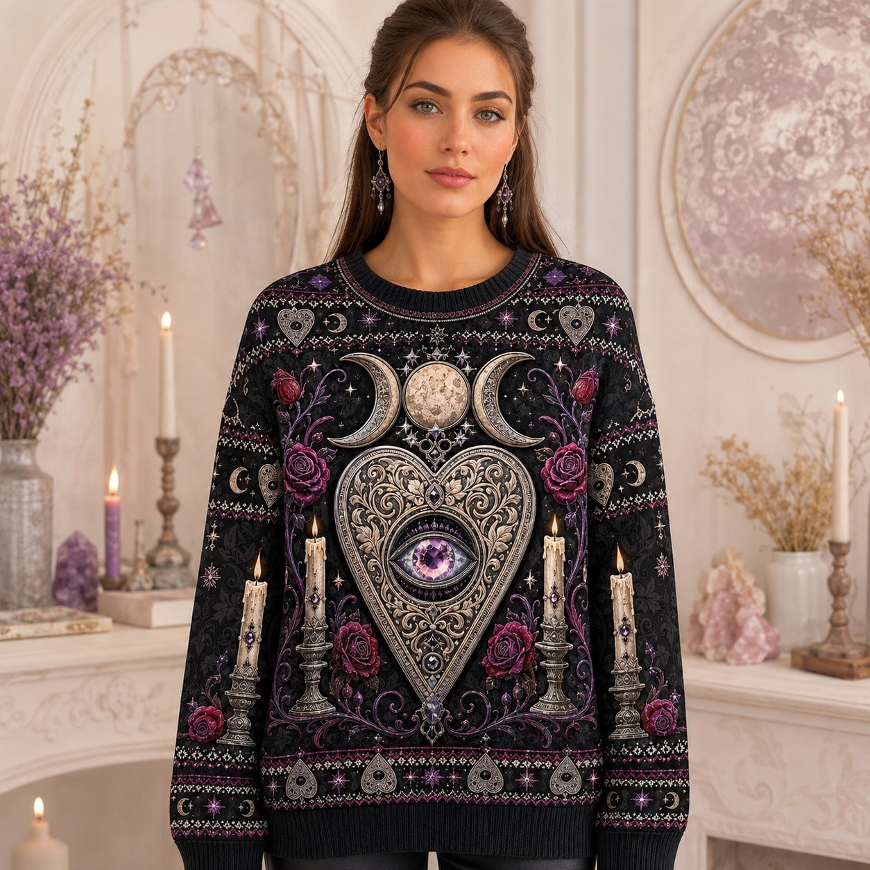 Heart Planchette Sweater Crescent Moon Candle Rose Knit worn, front view