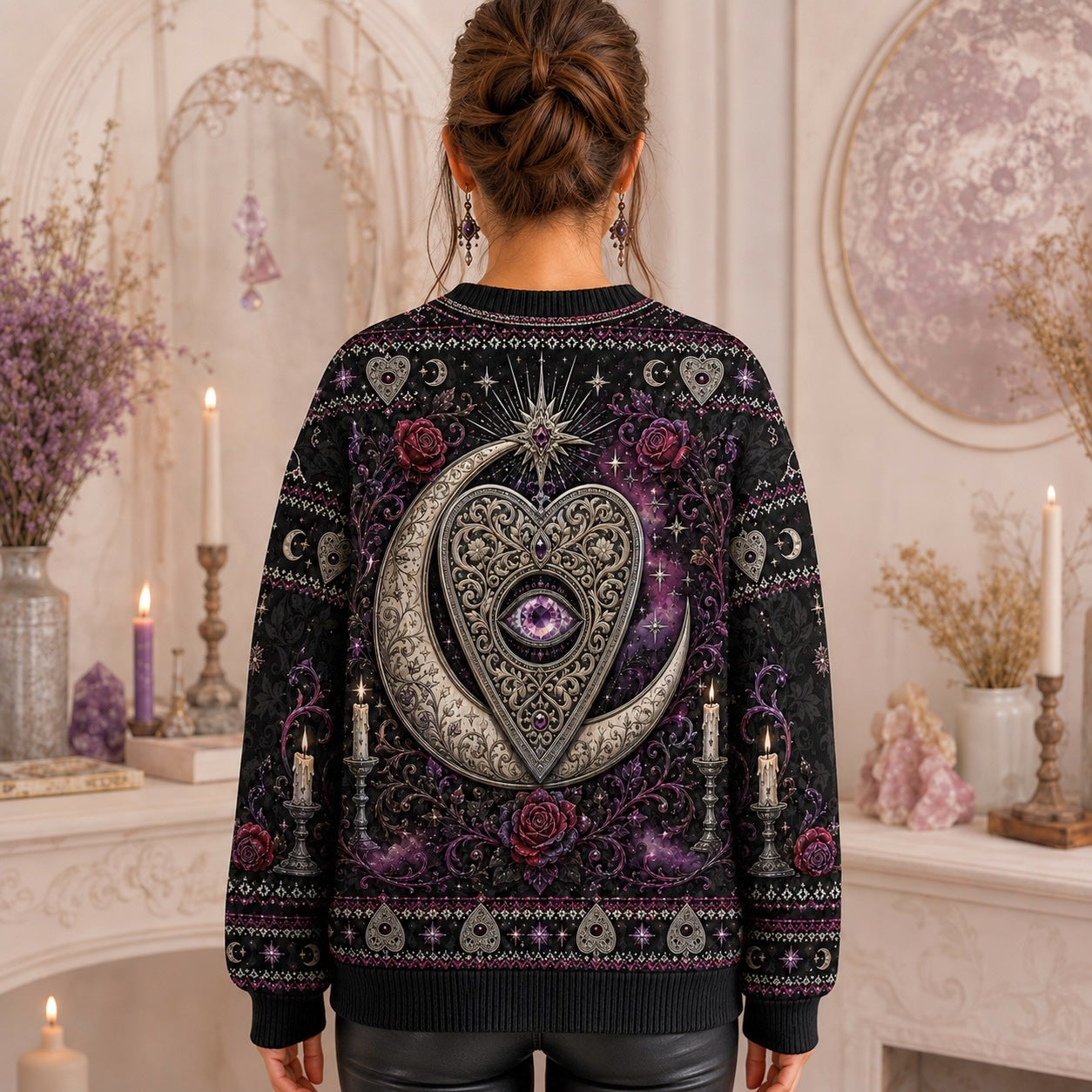 Heart Planchette Sweater Crescent Moon Candle Rose Knit worn, back view