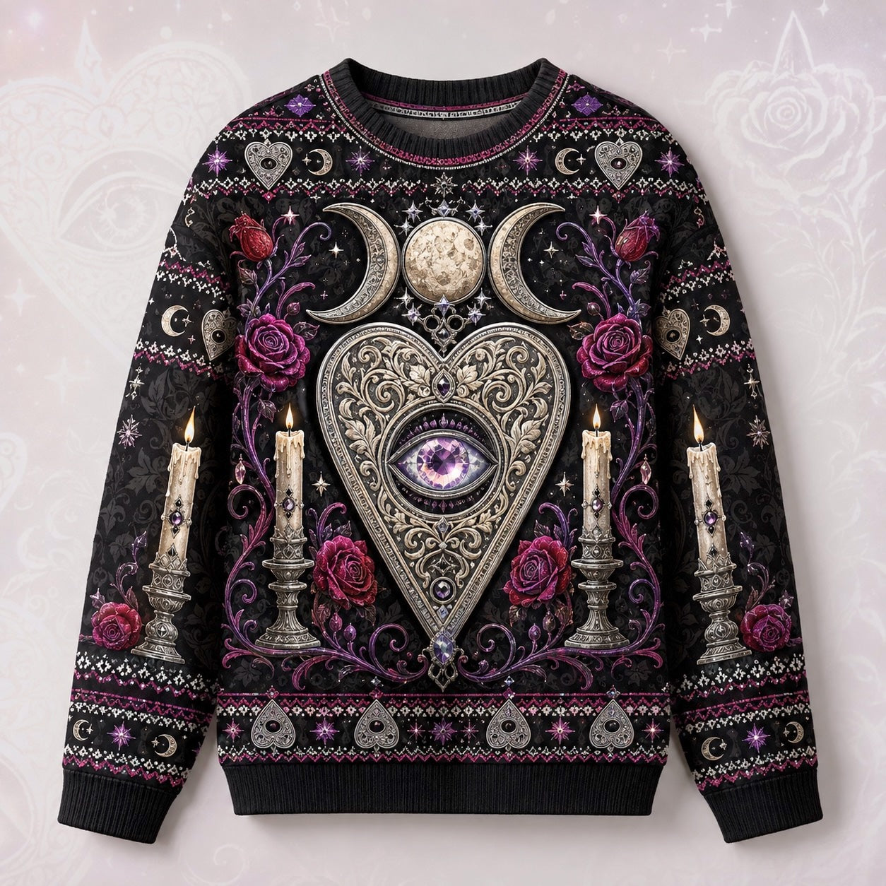 Heart Planchette Sweater Crescent Moon Candle Rose Knit front view