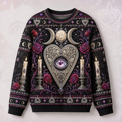 Heart Planchette Sweater Crescent Moon Candle Rose Knit front view