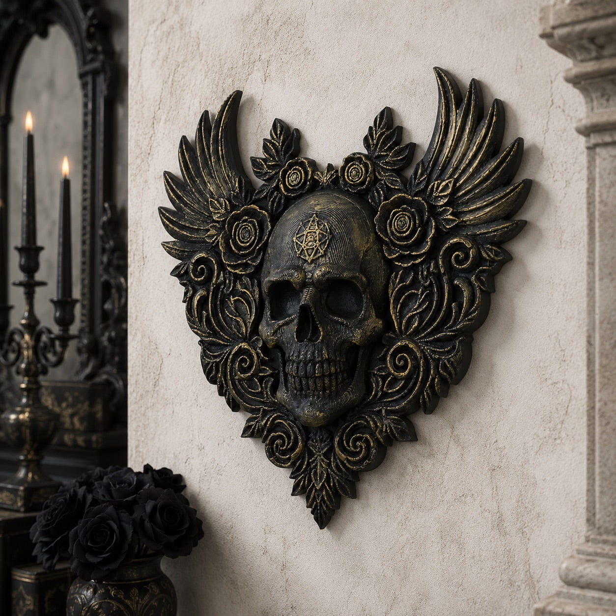 Heart skull plaque – carved rose and wing detail close-up