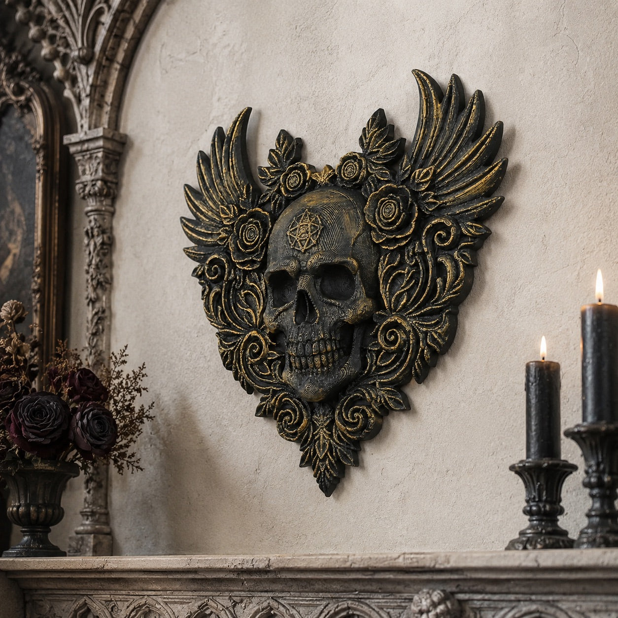 Gothic heart skull relief – wall hanging side view
