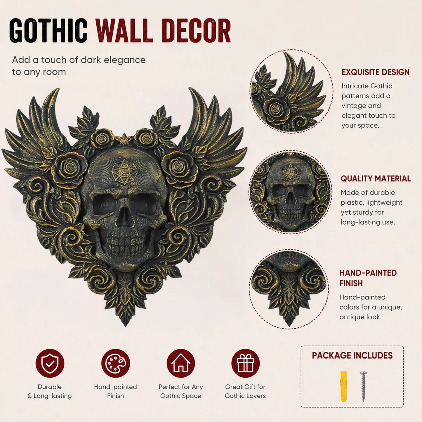 Winged skull heart wall art – scroll carved detail