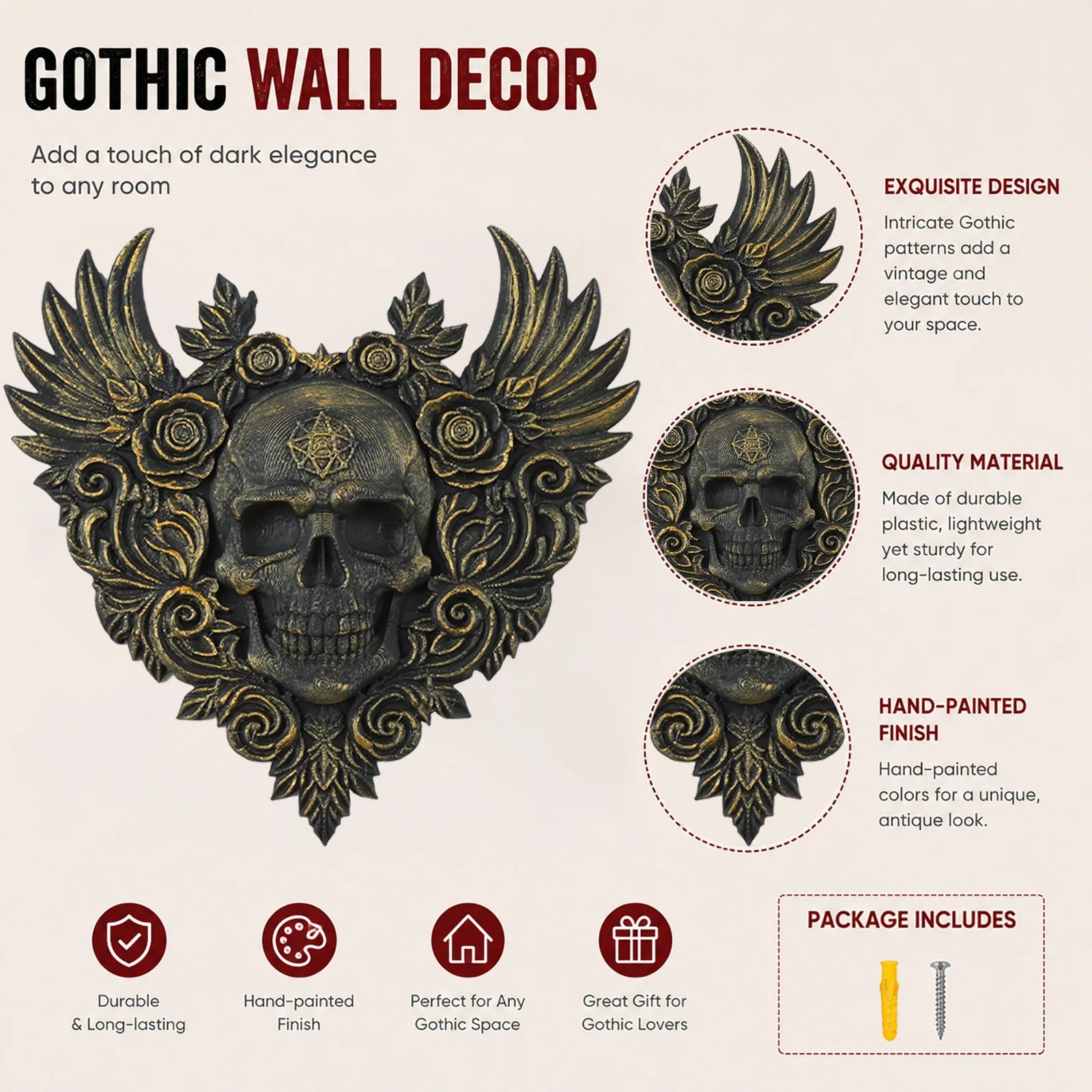 Winged skull heart wall art – scroll carved detail