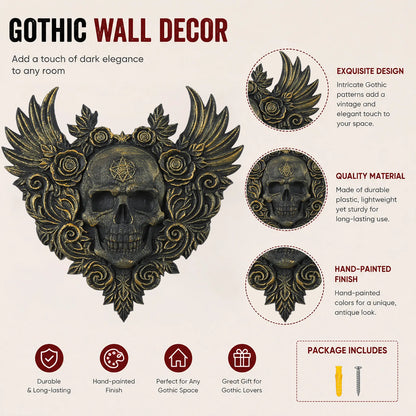 Winged skull heart wall art – scroll carved detail