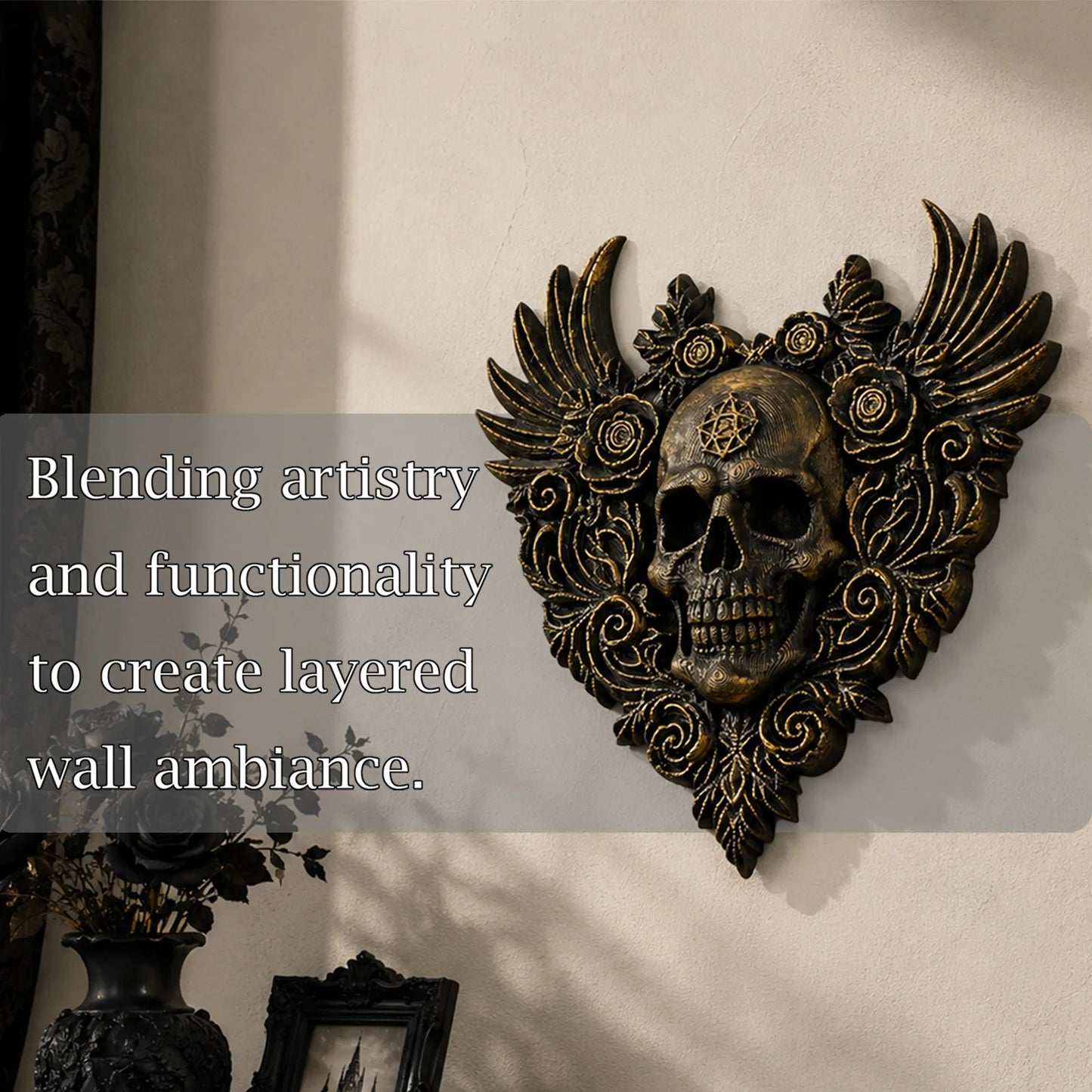 Rose skull wall plaque – witchy gothic home decor styled on wall