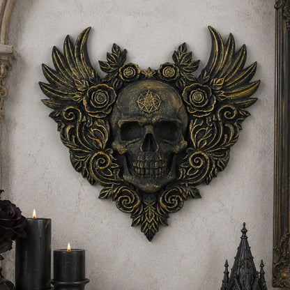 Heart shaped skull relief wall plaque – rose and wing gothic wall art, front view