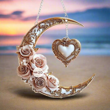 Heart and Crescent Moon Suncatcher - Gorgeous Flower Moon Acrylic Window Hanging-MoonChildWorld