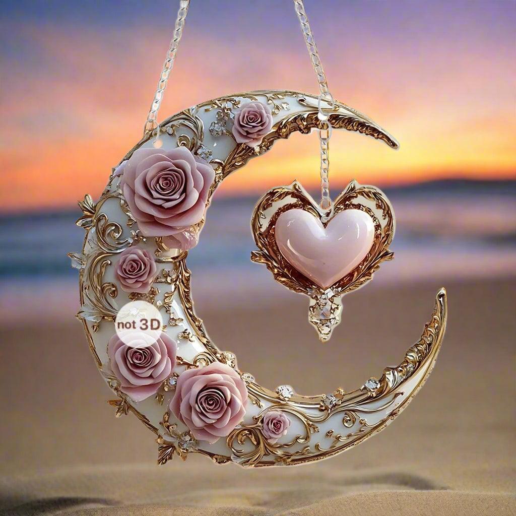 Heart and Crescent Moon Suncatcher - Gorgeous Flower Moon Acrylic Window Hanging-MoonChildWorld