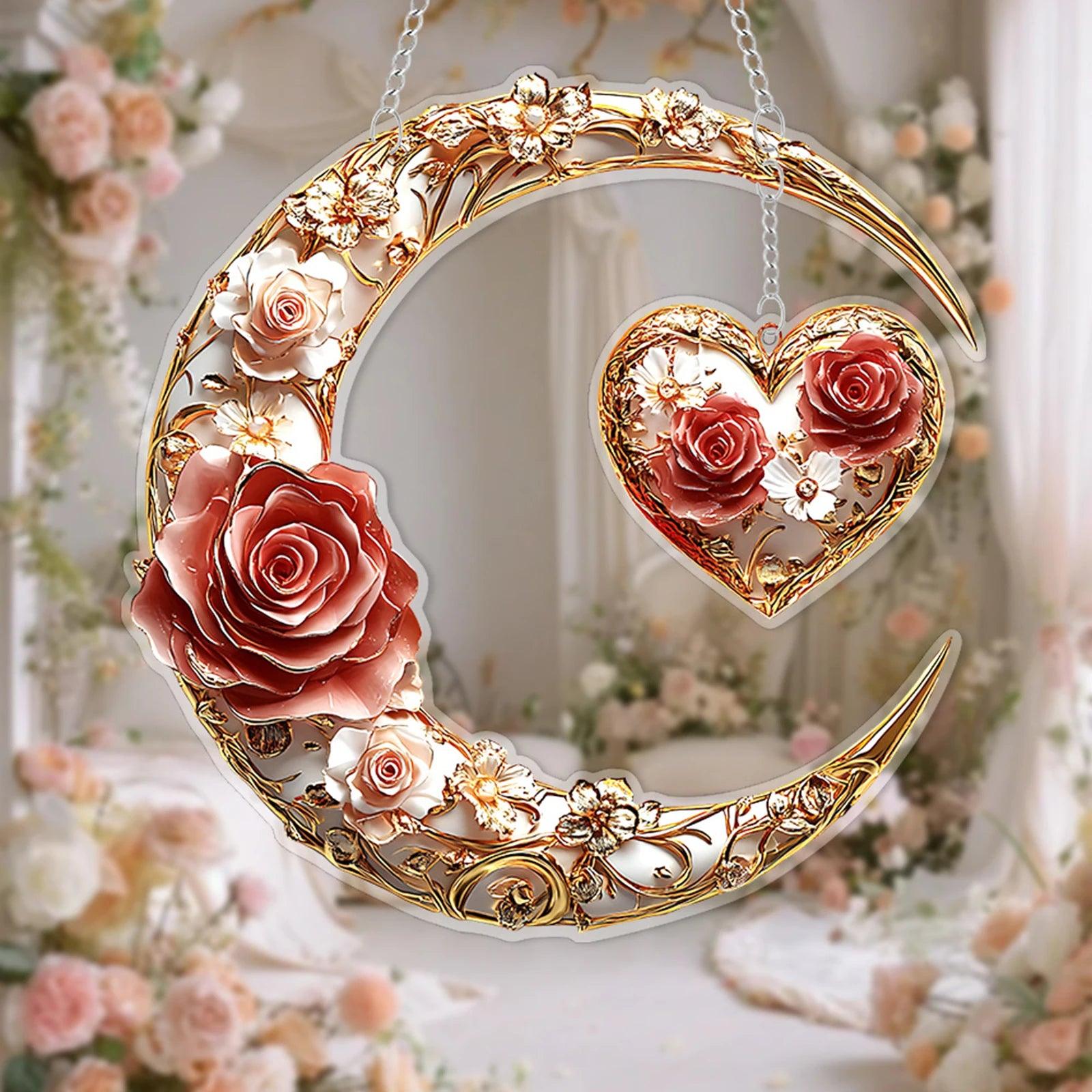 Heart and Crescent Moon Suncatcher - Gorgeous Flower Moon Acrylic Window Hanging-MoonChildWorld