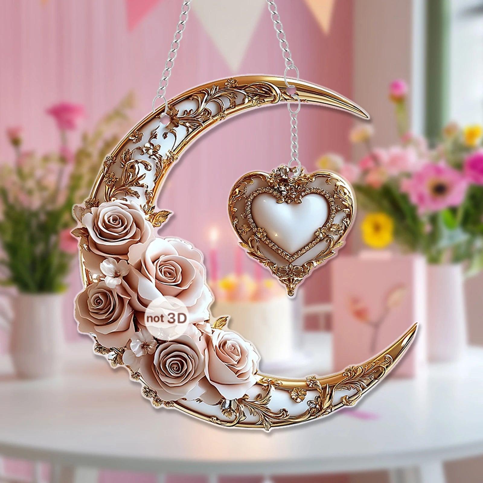 Heart and Crescent Moon Suncatcher - Gorgeous Flower Moon Acrylic Window Hanging-MoonChildWorld