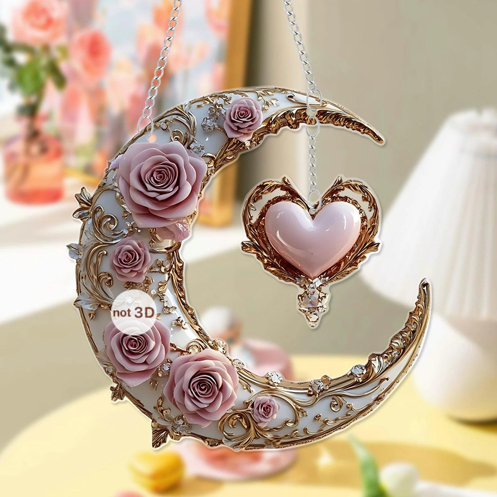 Heart and Crescent Moon Suncatcher - Gorgeous Flower Moon Acrylic Window Hanging-MoonChildWorld
