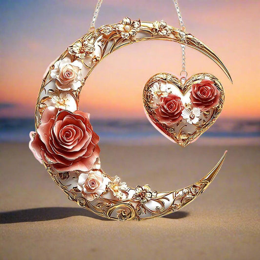 Heart and Crescent Moon Suncatcher - Gorgeous Flower Moon Acrylic Window Hanging-MoonChildWorld