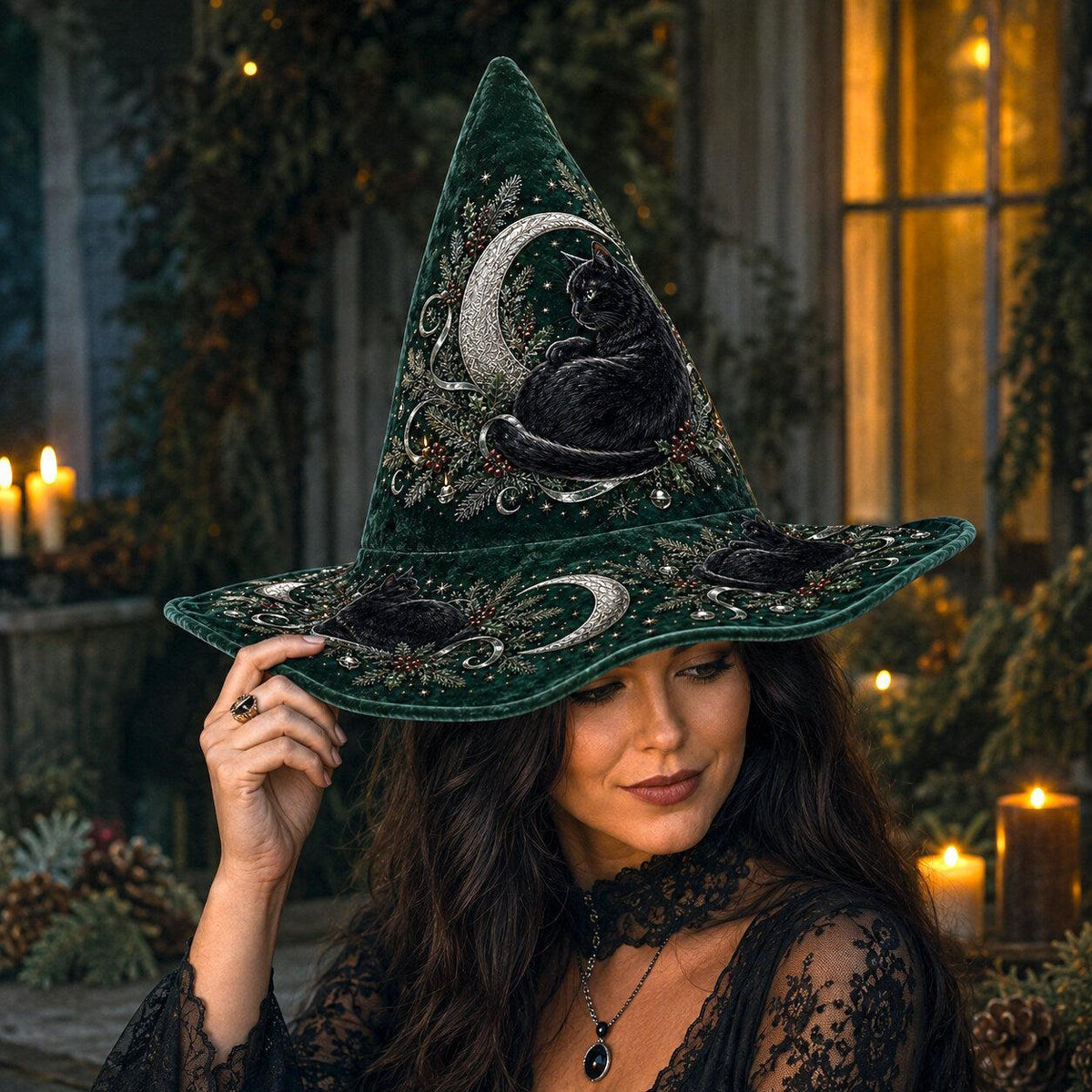 Hearth Cat Witch Hat – Yule Evergreen Cottagecore Brim Hat – worn, front view