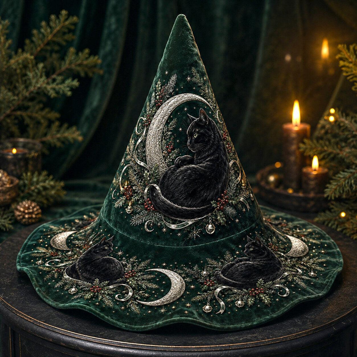 Hearth Cat Witch Hat – Yule Evergreen Cottagecore Brim Hat – quilting and print detail