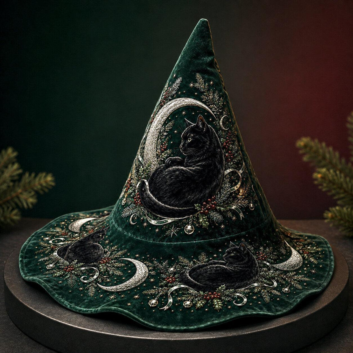 Hearth Cat Witch Hat – Yule Evergreen Cottagecore Brim Hat – held in both hands