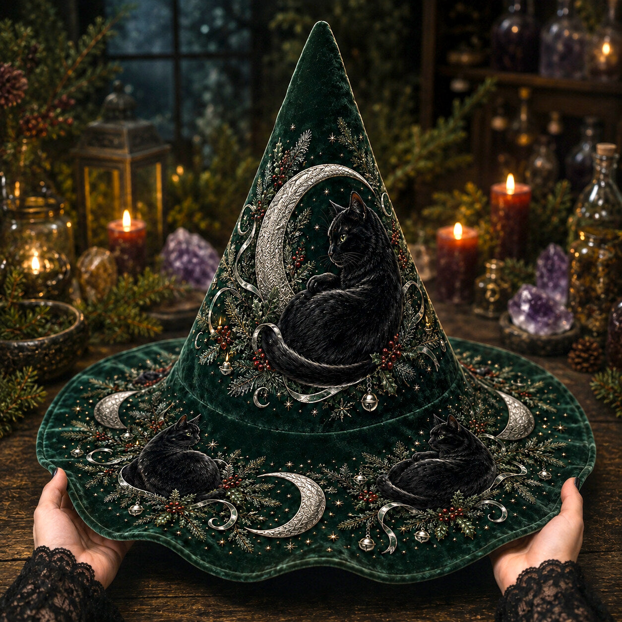 Hearth Cat Witch Hat – Yule Evergreen Cottagecore Brim Hat – on an altar table