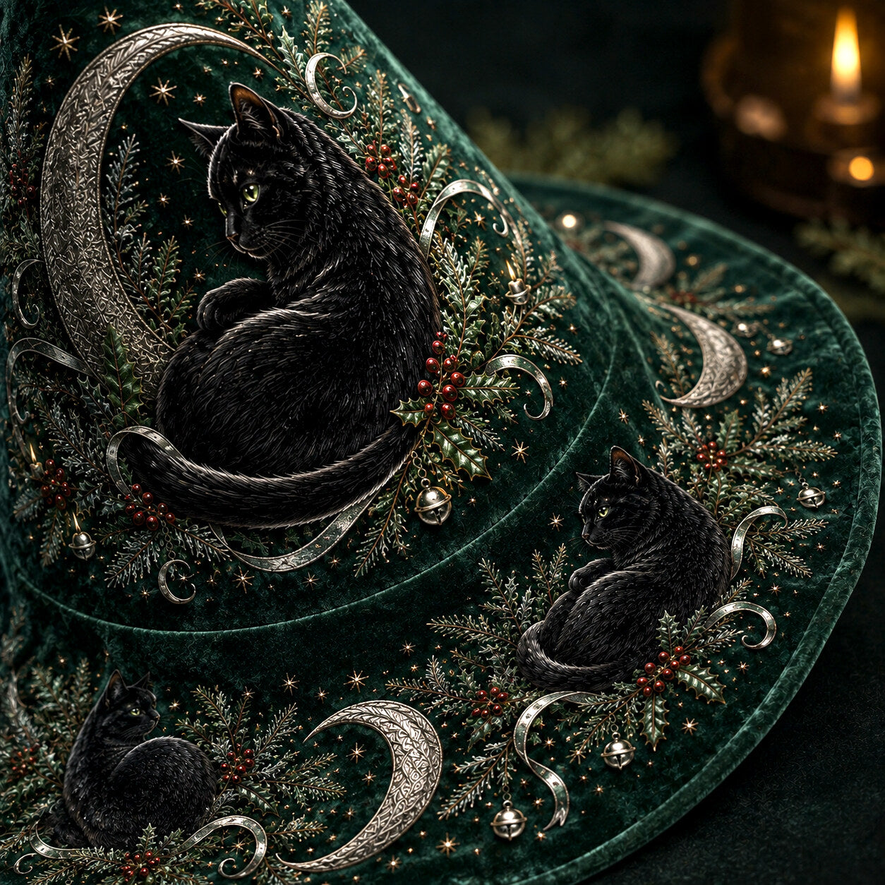 Hearth Cat Witch Hat – Yule Evergreen Cottagecore Brim Hat – styled with candles and crystals