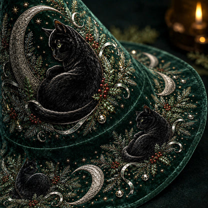 Hearth Cat Witch Hat – Yule Evergreen Cottagecore Brim Hat – styled with candles and crystals