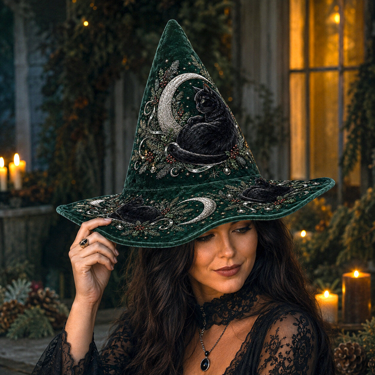Hearth Cat Witch Hat – Yule Evergreen Cottagecore Brim Hat – worn, front view