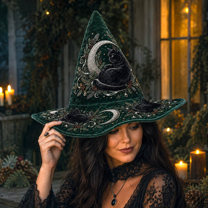 Hearth Cat Witch Hat – Yule Evergreen Cottagecore Brim Hat – worn, front view
