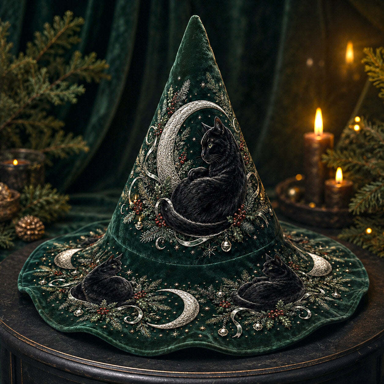 Hearth Cat Witch Hat – Yule Evergreen Cottagecore Brim Hat – quilting and print detail