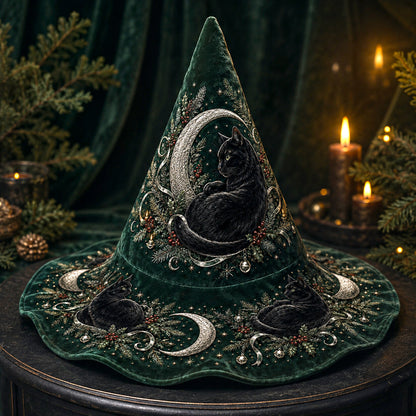 Hearth Cat Witch Hat – Yule Evergreen Cottagecore Brim Hat – quilting and print detail
