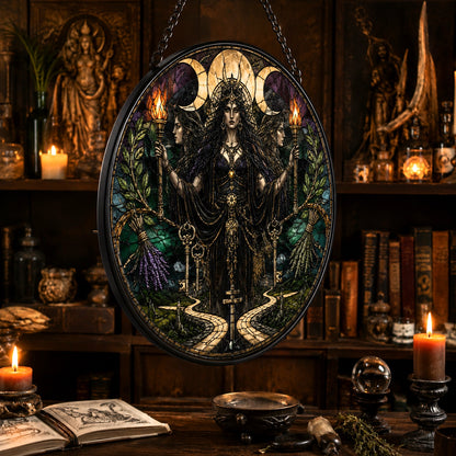 Hecate Crossroads Goddess Glass Suncatcher - hanging view