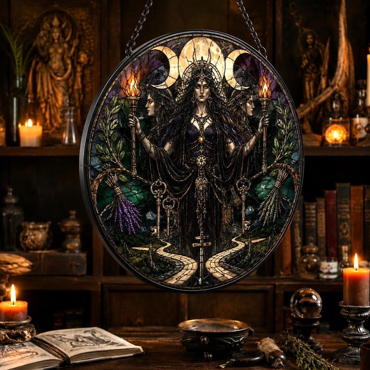 Hecate Crossroads Goddess Glass Suncatcher - close up detail