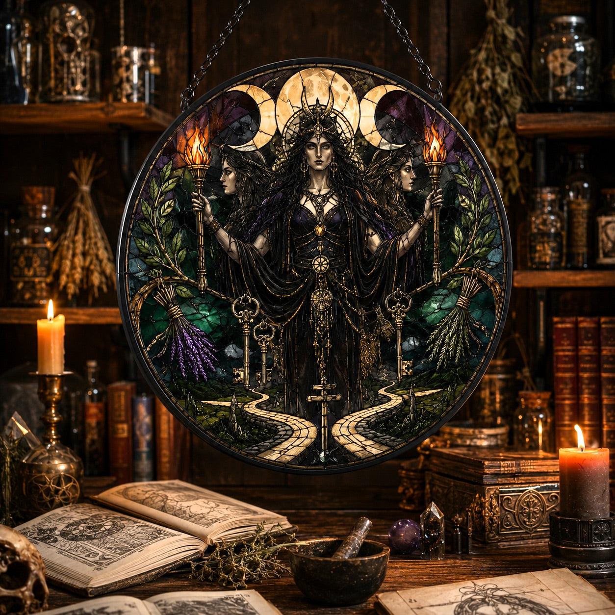 Hecate Crossroads Goddess Glass Suncatcher - sunlight glow