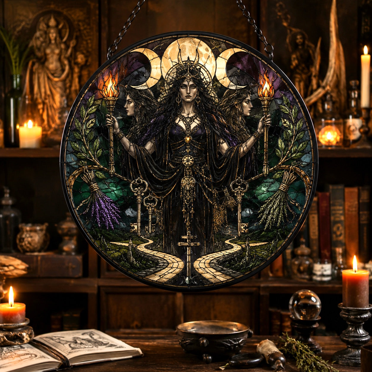 Hecate Crossroads Goddess Glass Suncatcher - window display