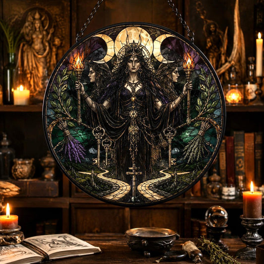 Hecate Crossroads Goddess Glass Suncatcher - window display