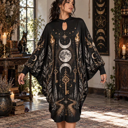 Hecate Crossroads Keys Pagan Batwing Dress – Witchy Triple Moon Midi – worn, front view