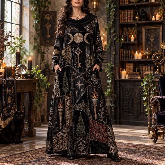 Hecate Crossroads Pagan Cowl Neck Dress – Gothic Triple Moon Maxi – worn, front view