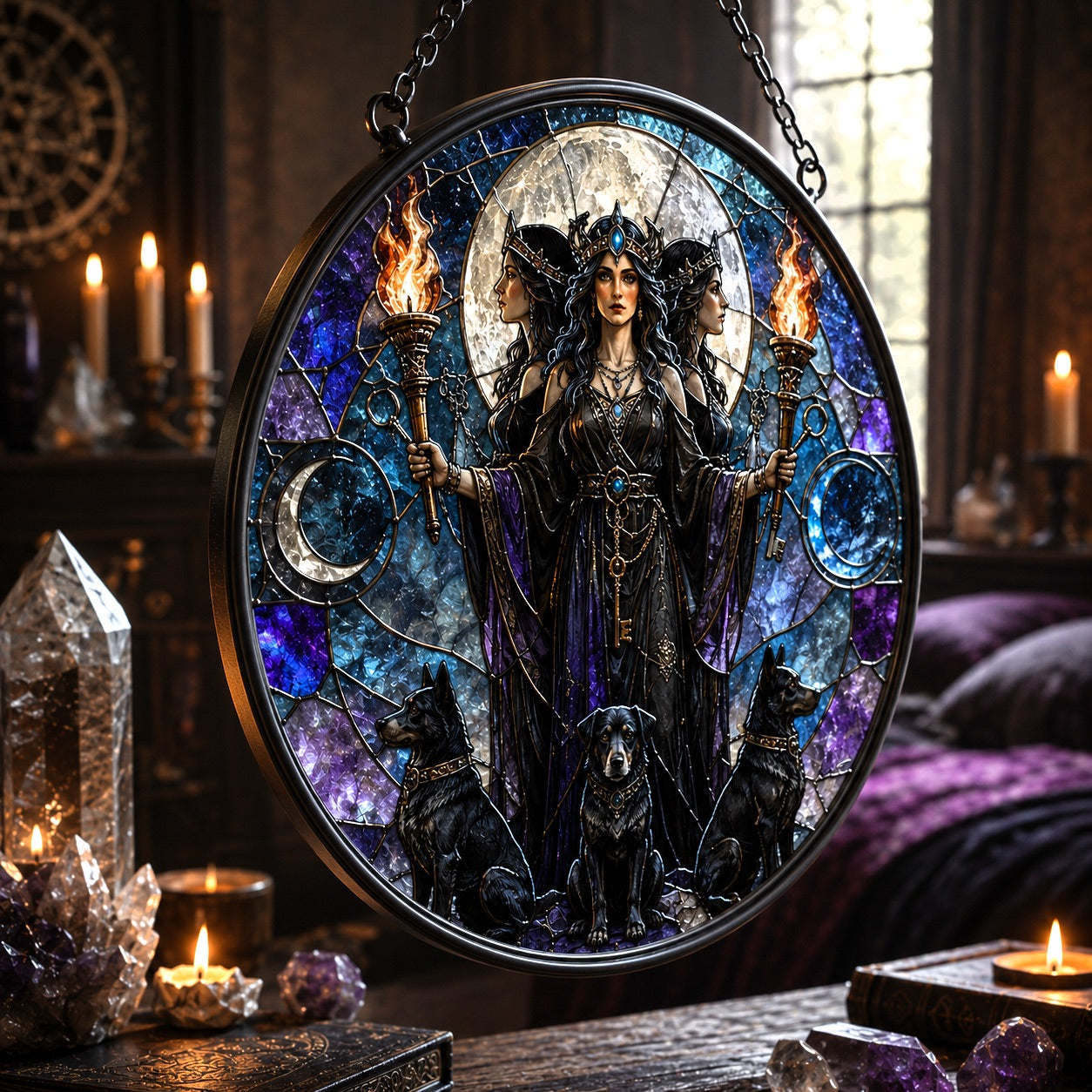 Hecate Goddess Glass Suncatcher - hanging view