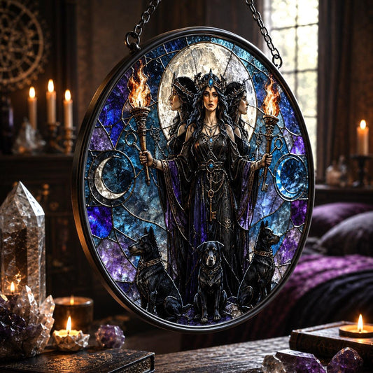 Hecate Goddess Glass Suncatcher - hanging view