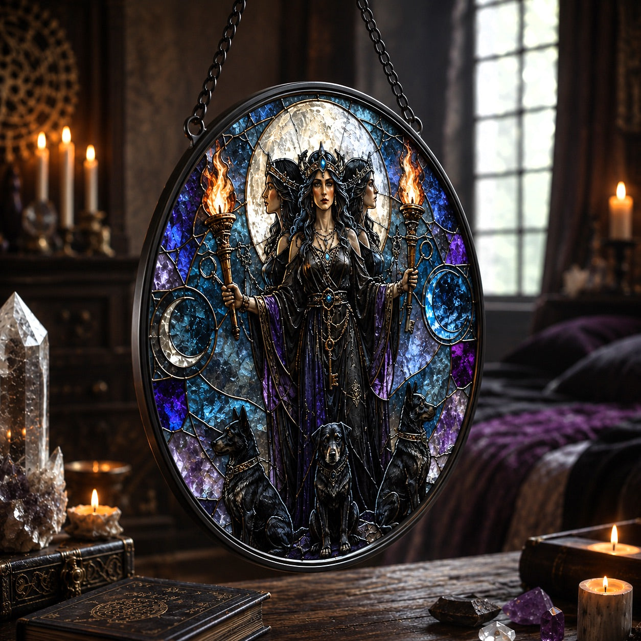 Hecate Goddess Glass Suncatcher - close up detail