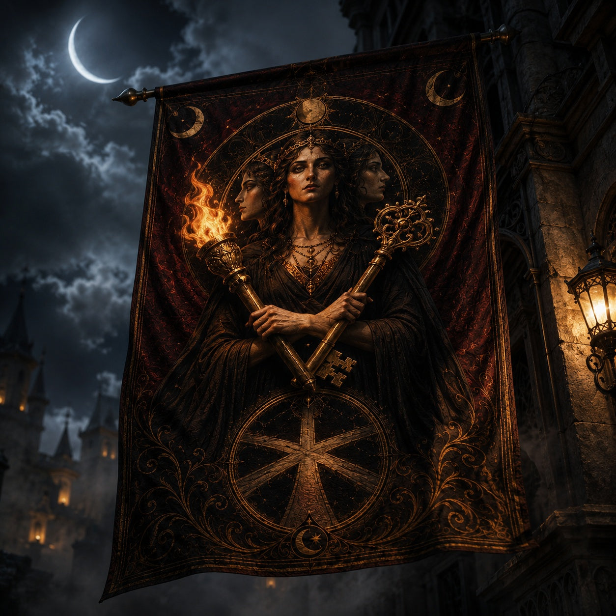 Hecate Goddess house flag mockup hanging outdoors as pagan decor