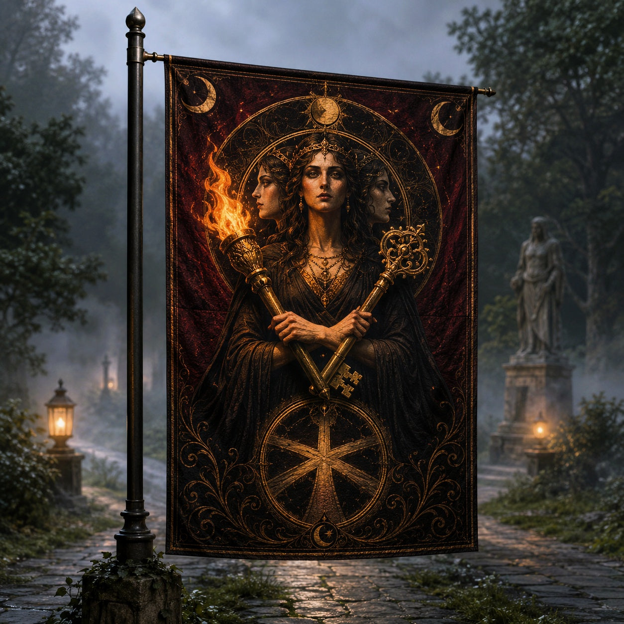 Hecate Goddess house flag with torch and key crossroads pagan design