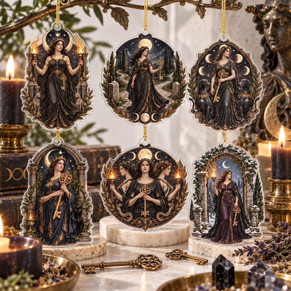 Hecate Goddess Pagan Acrylic Ornament Set – Witchy Crossroads Yule Decor – set of 6, another view
