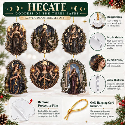 Hecate Goddess Pagan Acrylic Ornament Set – Witchy Crossroads Yule Decor – ornament size and details