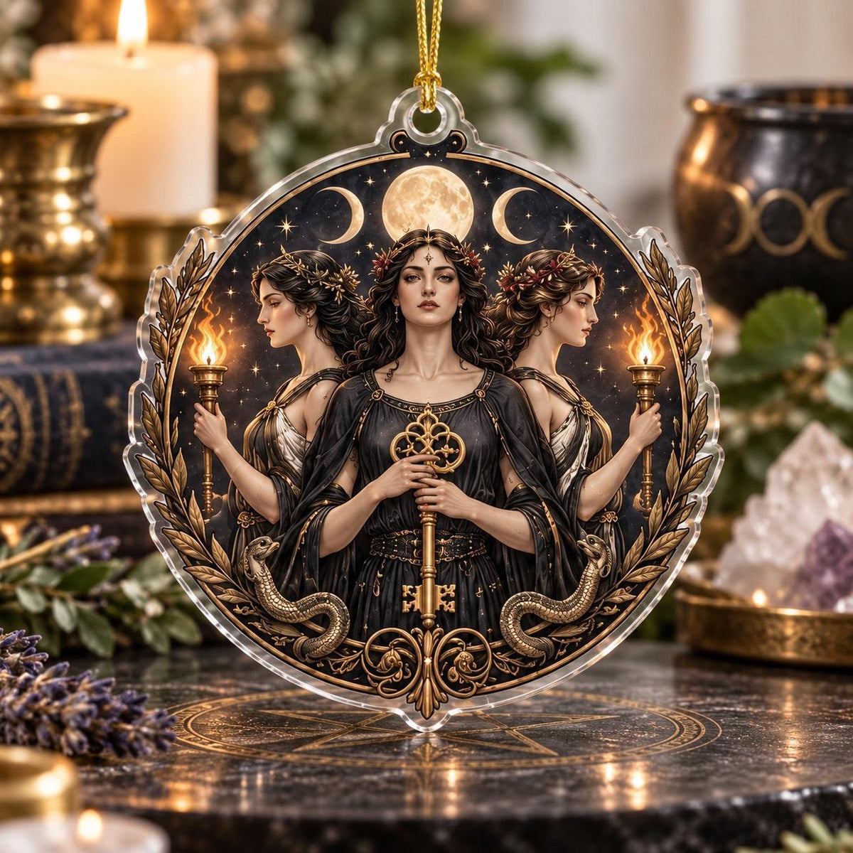 Hecate Goddess Pagan Acrylic Ornament Set – Witchy Crossroads Yule Decor – Triple Form Hecate ornament