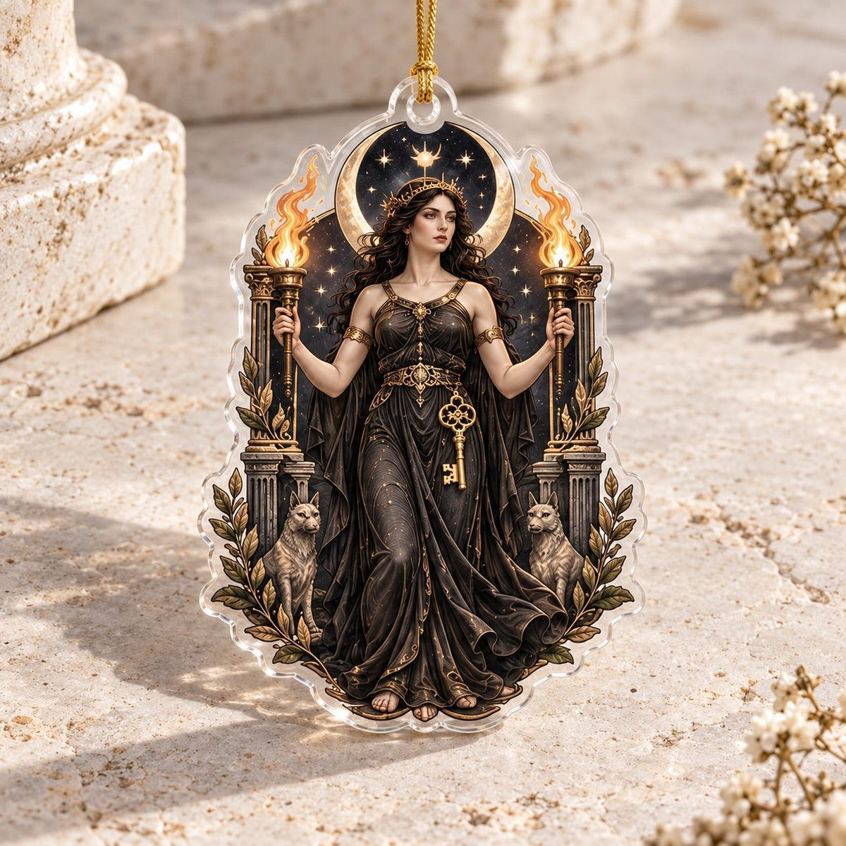 Hecate Goddess Pagan Acrylic Ornament Set – Witchy Crossroads Yule Decor – Torchbearer Hecate ornament
