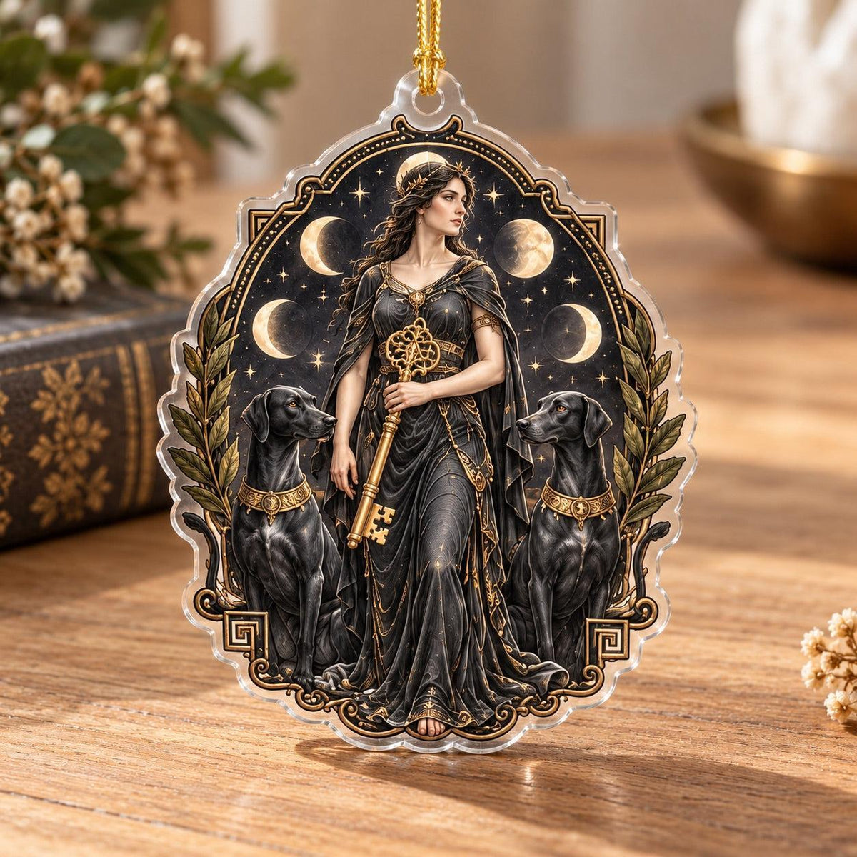 Hecate Goddess Pagan Acrylic Ornament Set – Witchy Crossroads Yule Decor – Hecate Black Hounds ornament