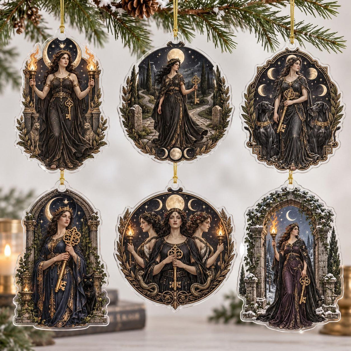 Hecate Goddess Pagan Acrylic Ornament Set – Witchy Crossroads Yule Decor – set of 6, another view