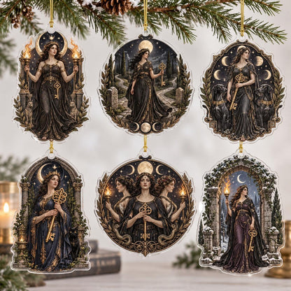 Hecate Goddess Pagan Acrylic Ornament Set – Witchy Crossroads Yule Decor – set of 6, another view