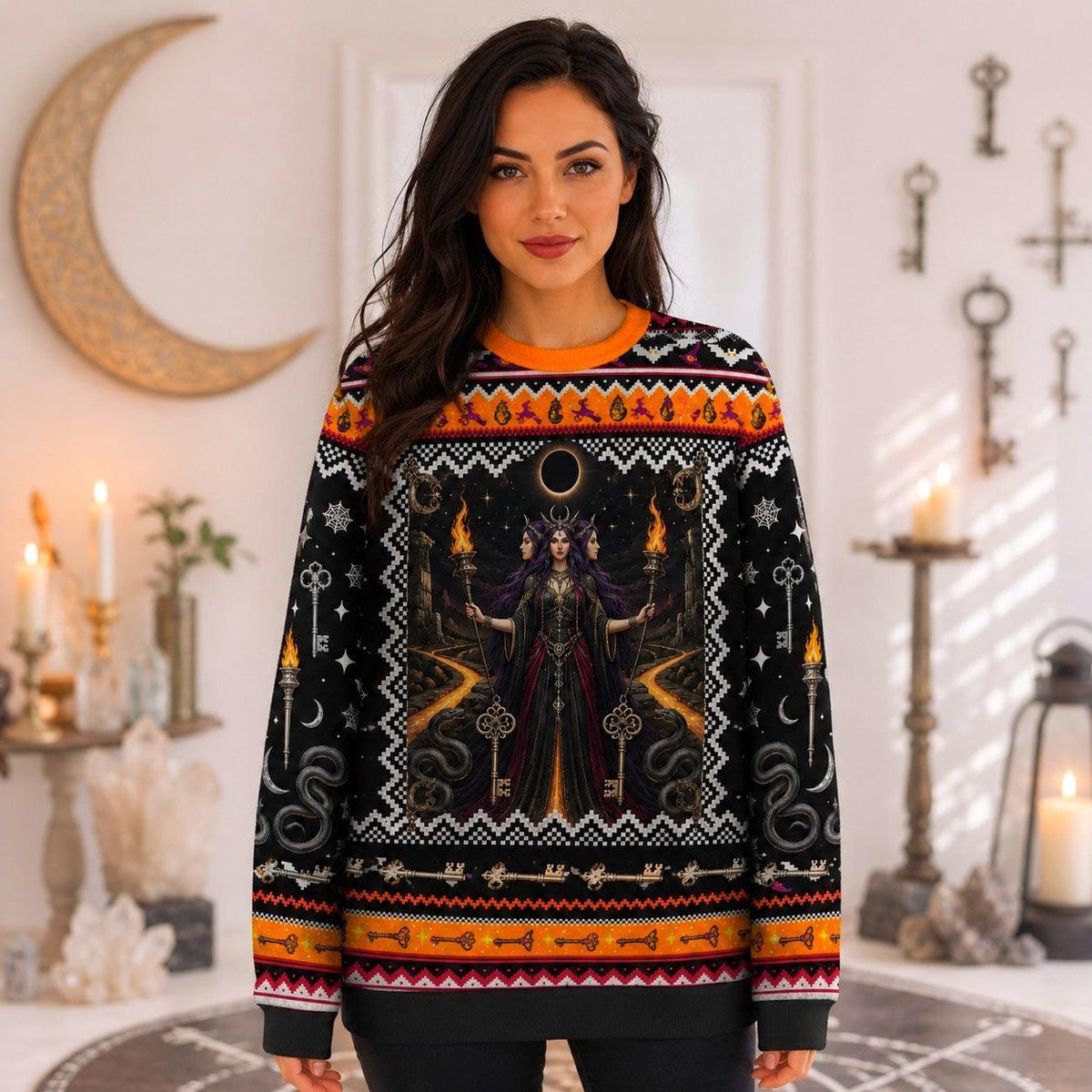 Hecate Sweater Torch Key Labyrinth Crossroads Pagan Knit worn, front view